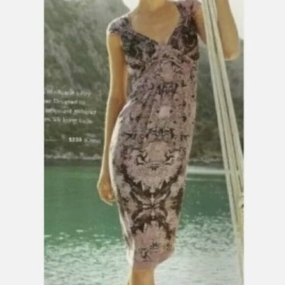 Peruvian Connection 100% Silk Elegant Marble Swirl Sheath Midi Dress Size 8